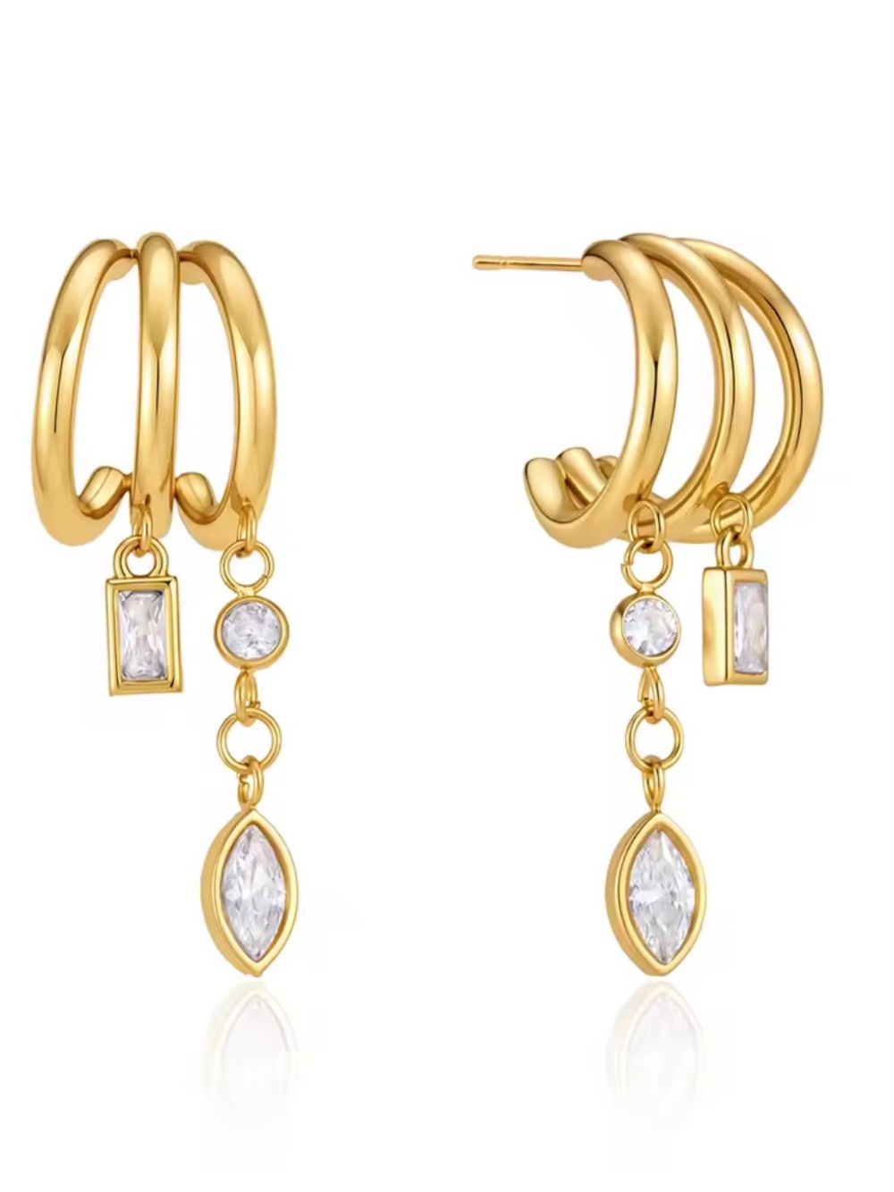 Gold-Tone Triple Hoop Drop Earrings with Cubic Zirconia Accents